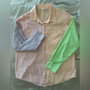Cupshe Pastel Colorblock Stripe Button-Down Shirt - Pink, Lavender & Lime